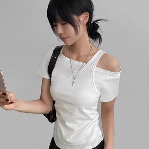 TEMU 봄/여름 한국 스타일 불규칙 허리 주름 오프숄더 슬림 반팔 탑