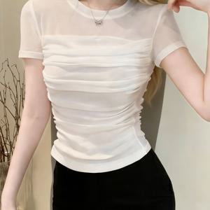 TEMU 스피시 스타일 화이트 메쉬 플리츠 시스루 슬림핏 데이트 탑