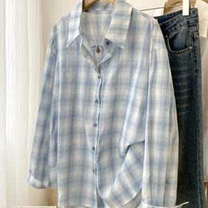 TEMU 여성용 릴랙스 스타일 블루 체크무늬 라펠 셔츠 재킷, 새로운 봄 한국 스타일 루즈핏 캐주얼 긴팔 상의