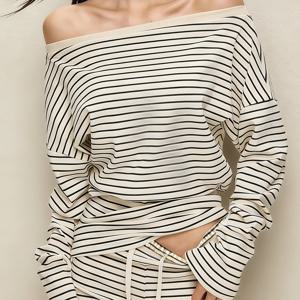 TEMU 여성용 오프숄더 블랙 앤 화이트 파자마 세트 | 긴소매 및 반팔, 봄/여름/가을 시즌, 야외 활동에 적합한 캐주얼 웨어