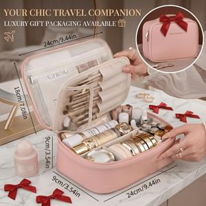 TEMU 리본 장식이 있는 다층 대용량 분리형 메이크업 가방 2개 세트. 브러쉬 홀더가 있는 여행용 화장품 보관 가방으로, 다용도 휴대용 뷰티 필수품 정리함으로, 일년 내내 가정 및 여행용으로 적합합니다.