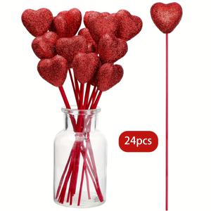 TEMU 24pcs, 글리터 폼 하트 픽, 빨강 / 핑크 반짝이는 폼 하트 줄기 나무 글리터 하트 픽 퍼피 하트 토퍼 웨딩 장식 및 꽃 배치를위한