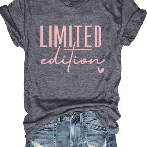 TEMU LIMITED 레터링이 있는 트렌디한 반팔 티셔츠, 라운드넥 스타일