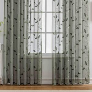 TEMU 프렌치 컨트리 꽃 자수와 3D 엠보싱 잎사귀가 있는 2개 세트 시스루 커튼 - 작은 창문용 반투명 폴리에스터 로드 포켓 커튼, 주방, 침실, 거실용, 기계 세탁 가능, 러스틱 윈도우 데코