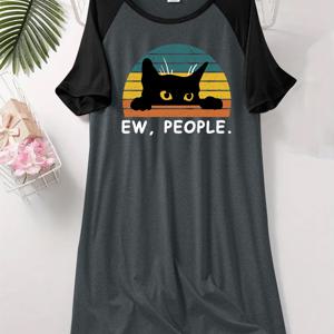 TEMU 레터 프린트 래글런 슬리브 나이트가운, 라운드넥 숏 슬리브 캐주얼 여성 드레스 E21