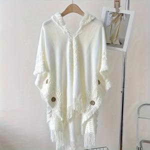TEMU 시크한 태슬 케이프 숄 - 후드 패션 스카프, 부드러운 스웨터, 봄/ 캐주얼 풀오버, 원 사이즈, 화이트, 다용도하고 편안한 여성 의류
