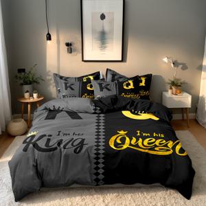 TEMU 발렌타인데이 이불 커버 3종 세트, 이불 커버 1개 + 베개 커버 1/2개, 솜 미포함, 세련된 블랙 앤 그레이 왕관 디자인 프린트 침구, 부드럽고 편안하며 통기성 좋은 이불 커버, 여성, 남성, 침실, 손님방, 호텔용