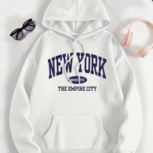 TEMU 1pc 여성용 플러스 사이즈 후디 - 캐주얼 폴리에스터 풀오버, 약간의 신축성, 니트 원단, 후드 칼라, 겨울 위치 패턴 - 뉴욕 브루클린 더 시티