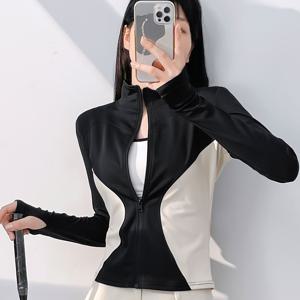 TEMU 여성용 롱슬리브 지퍼업 하이넥 라운드넥 컬러블록 디자인 탑, 구멍 포함