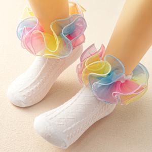 TEMU 여아용 컬러풀 레이스 통기성 패션 다용도 공주 춤 양말 한 쌍