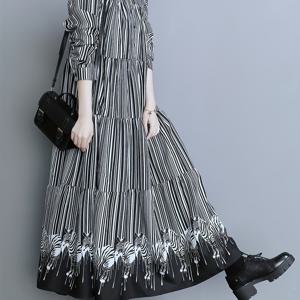 TEMU 여성 캐주얼 제비뽑기 긴 드레스 - 루즈핏, 긴팔, 스탠드 칼라, 버튼업, 올시즌 착용, 검은색 & 흰색 동물 프린트, 폴리에스터 원단, 캐주얼 드레스 | 제비뽑기 프린트 드레스 | 폴리에스터 드레스