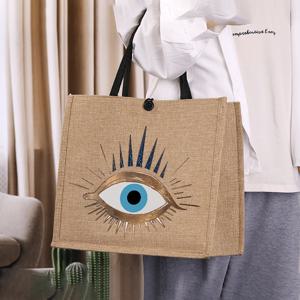 TEMU 세련된 헴프 Burlap 여성용 토트백, 아세스틱 패턴, 신비로운 골든 아이 디자인 ( 포함), 여성 스타일, 다용도 숄더백, 핸드백 (학교, 직장, 쇼핑용), 대용량 책 보관, 통근 가방, 휴대용 천 가방
