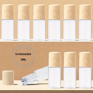 TEMU 10팩 스테인리스 스틸 볼 롤러 병 - 에센셜 오일, 아로마테라피 및 향수용 누출 방지 유리 샘플 바이알 | 나무 무늬 디자인 플라스틱 뚜껑 포함 리필 가능한 여행용 용기