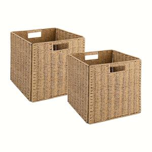 TEMU 2개 세트 핸드메이드 종이 직조 큐브 바구니 정리함 손잡이 포함 접이식 수납 바구니 침실 거실 옷 책 장난감 수납용