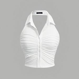 TEMU 여성용 우아한 홀터넥 탱크탑 - 스탠드 칼라 반투명 솔리드 컬러, 사계절 활용 가능, 손세탁 전용, 모델 NS702, 캐주얼 웨어, 모던 시크 디자인, 세련된 , 통기성 소재, 패션 여성