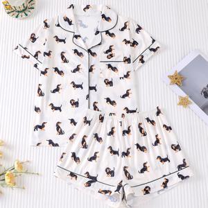 TEMU 귀여운 소시지 도그 여성용 파자마 세트 2개, 칼라 버튼이 달린 반팔 셔츠와 루즈한 신축성 쇼츠, 아름다운 패셔너블 데일리웨어, 축제 잠옷 파티 의상, 캐주얼 야외 홈 컴포트 나이트가운