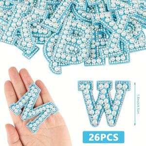 TEMU 26개 진주 라인스톤 다리미 부착 알파벳 스티커 (A-Z), 의류, 원단, 백팩용, 진주 라인스톤 다리미 부착 알파벳 스티커 (파란색 배경)