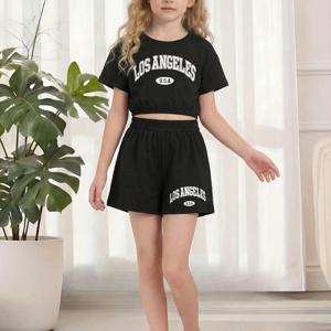 TEMU 여아용 투피스 스포츠웨어 세트 (로스앤젤레스 프린트 반팔 티셔츠와 탄성 쇼츠 포함), 봄, 여름 야외 활동에 적합
