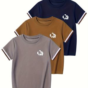 TEMU 남아용 반팔 여름 티셔츠 3개 세트, 중형에서 대형 유아용, 단색 코끼리 로고 대비 커프스 풀오버, 레귤러한 활용도 높은 베이직 패션 상의, 아웃도어 캐주얼 프레피 스타일 반팔 셔츠, 4-12세 형제자매 매칭 의상