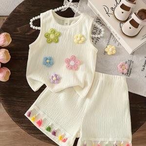 TEMU 귀여운 캐주얼 3D 플라워 민소매 탑 & 태슬 반바지 투피스 세트 P101631, 야외용