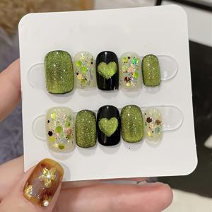 TEMU 10개 고급 그린 캣아이 하트 핸드메이드 인조 네일, 짧은 그린 네일 장식 패치