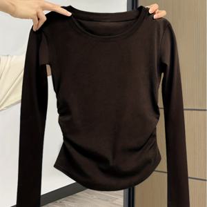 TEMU 여성용 롱슬리브 라운드넥 러플 허리조임 티셔츠, 우아한 레이어링 베이스 레이어, 봄과 가을용 여성 티셔츠