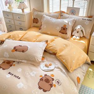TEMU 2025 봄 신상 카피바라 귀여운 패턴 침구 4종 세트 (이불 커버 1개 + 침대 시트 1개 + 베개 커버 2개), 피부 친화적, 편안하고 부드러우며 통기성 좋은 침구 (베개솜 또는 이불솜 미포함)