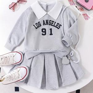 TEMU 레터 프린트가 돋보이는 가을/겨울 여아용 의상, 긴소매 페이크 투피스 스웨트셔츠, 플리츠 스커트 세트