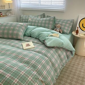 TEMU 4피스 이불 세트 (1*이불 커버 + 1*침대 시트 + 2*베개커버, 이불 코어 제외), 파란색과 흰색 체크무늬 프린팅 침구 세트, 부드럽고 편안한 사계절용 이불 커버, 침실 및 게스트룸에 적합