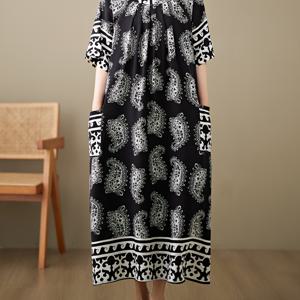 TEMU 신상 봄/여름 플러스 사이즈 아티스틱 라운드넥 루즈 플로럴 커버링 미트 반팔 드레스 셔츠 여성