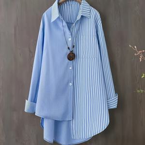 TEMU 여성용 우아한 긴팔 블라우스 - 세로 파란색 & 흰색 버튼업 셔츠, 루즈핏 오피스 & 데일리 탑, 사계절 통기성 비침 방지 내구성 캐주얼 상의, 어시메트릭 디자인, 다목적 버튼다운 여성용 티셔츠