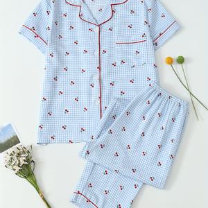 TEMU 여성용 반팔과 긴 바지 투피스 파자마 세트, 봄, 여름, 가을 캐주얼 라운지웨어용 블루 체크무늬
