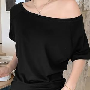 TEMU 여름 Y2K 캐주얼 패션 루즈핏 활용도 높은 블랙 원숄더 반팔 티셔츠 여성용 오프숄더 탑