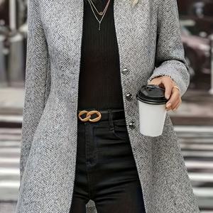 TEMU 여성 트위드 재킷 - H자 컷 레귤러 미드 레인지 캐주얼 겨울 코트, 단색 가디건 스타일 긴소매 버튼 클로저, 손세탁/드라이 클리닝, 가을 및 겨울 패션 아우터, 필수 여성 겨울 의류