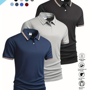 TEMU Pearson OBM 남성용 여름 폴로 셔츠 3종 세트 (칼라 포함), 다양한 색상의 디자인. 비즈니스, 여행, 직장, 데이트 및 홈웨어에 적합한 캐주얼 스포츠 탑