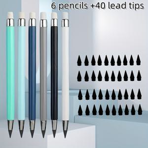 TEMU 46개입, 연필 6개와 연필심 40개, 완전 새로운 연필 세트, 영원한 연필, 잉크 없는 무한 연필, 학교 스케치 및 드로잉 문구, 신학기, 학용품, 지우개 포함