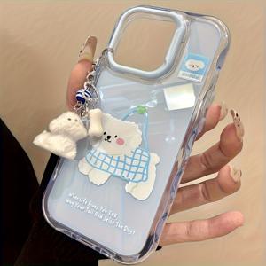 TEMU 휴대폰 케이스 - 1개 귀여운 만화 스타일 격자형 강아지 펜던트 웨이브 젤리 폰 케이스, 아이폰 16/11/13/ Plus/15 Pro/15 Pro Max/12/14 Pro Max/11 Pro Max/12 Pro/12 Pro Max/13 Pro/13 Pro Max/14 Pro/14 Plus에 적합, 매력적인 뒷면 ~ 웨이브 젤리 - B