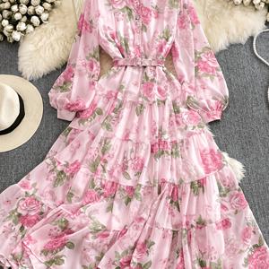 TEMU 핑크 로즈 맨션 빈티지 허리 선형 플로럴 롱 드레스, 프렌치 로맨틱 스타일, 핑크 프린트 랜턴 슬리브 드레스, 휴가용 하이웨이스트 라지 스커트, 봄 로즈, 부드러운 플로럴 케이크 드레스, 핑크 가든, 코트 슬리브 허리 선형 플레어 드레스