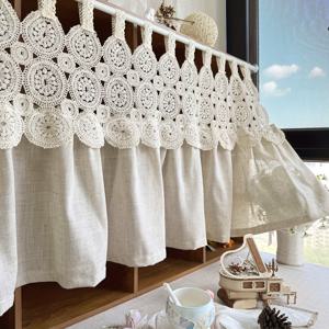 TEMU 1개 빈티지 기하학적 베이지 패치워크 짧은 커튼, 서재, 주방 캐비닛, 홈 데코, 카페 블라인드용, 탭 탑 디자인, 작은 창문용