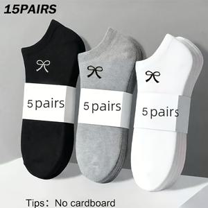 TEMU 여성용 발목 양말 15켤레 - 블랙 리본 보트 삭스, 데일리용으로 활용도 높은 봄 여름용