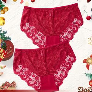 TEMU 여성용 크리스마스 레드 팬티 2pcs, 우아하고 아름다운 플로랄 레이스 트림, 피부 친화적, 통기성, 부드럽고 편안한 고탄력 속옷, 크리스마스 한정!