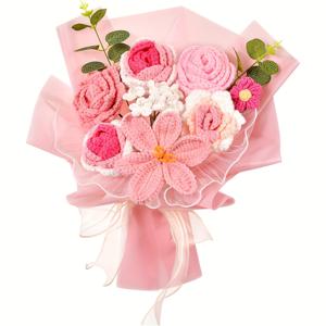 TEMU 핸드메이드 크로셰 꽃다발 - 리얼리스틱 니트 장미 부케, 핸드니트 & 블룸, 웨딩/어버이날/생일 선물, 엄마 아내 여자친구에게 적합, 홈 테이블 센터피스, 용기 없음/관리 불필요