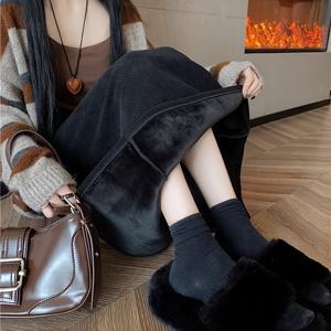 TEMU 여성용 코듀로이 미디 스커트 가을/겨울용 얇은 A라인 힙 스커트 백 슬릿 미디 스커트 플리스 두꺼운 스커트