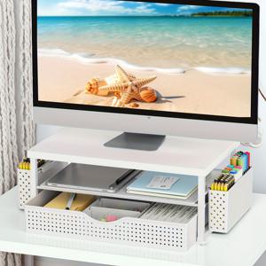 TEMU 스타일 모니터 스탠드 (서랍 및 사이드 펜 홀더 포함), 홈오피스/게이밍 세트업용 데스크 정리대, 컴퓨터 모니터 스탠드, 사무용품 및 액세서리, 전문가를 위한 깔끔한 전자제품 및 문구류