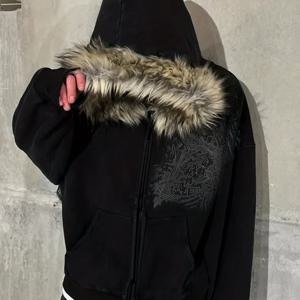 TEMU Y2K 스트리트웨어 빈티지 따뜻한 카디건 루즈핏 후드 스웨트셔츠 남녀공용, 겨울 패션 퍼리 칼라 후드티, 스트리트 스타일 스컬 프린트 지퍼 후드티, 행운을 부르는