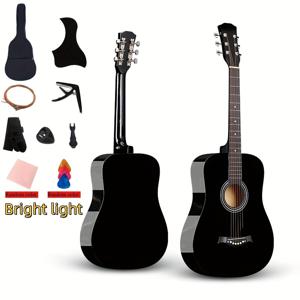 TEMU 전문가용 38인치 어쿠스틱 기타, 광택 엔드, 원통형 우드 기타, 튜너, 기타 가방, 피크, 조절 가능한 기타 스트랩, 지판 보호대, 스트링, 피크 홀더, 클리닝 천, 스트링 와인더를 포함한 9가지 추가 제품 포함