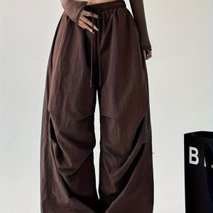 TEMU 여성용 카고 팬츠, 미국 스타일 브라운 레그 낙하산병 카고 팬츠, 여성 2025 여름 신상 루즈핏 퀵드라이 캐주얼 와이드 레그 팬츠