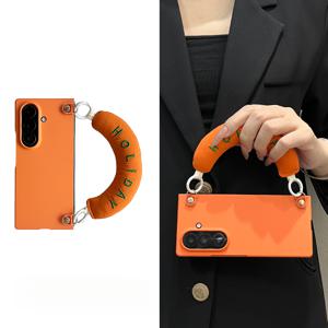 TEMU 폰 케이스: 투피스 스킨 필 오렌지 + 레터 오렌지 손목 스트랩 Z 폴드 7, Z 폴드 6, Z 폴드 5, Z 폴드 4, Z 폴드 3용