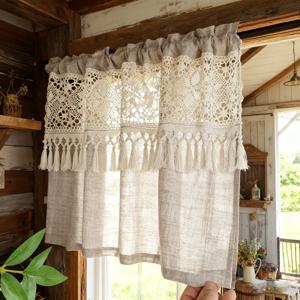 TEMU 1개, 스타일 할로우 크로셰 레이스 패치워크 짧은 커튼, 키친, 거실, 문에 적합한 로드 포켓 디자인, 농가 스타일, B&B를 위한 미국 레트로 홈 데코