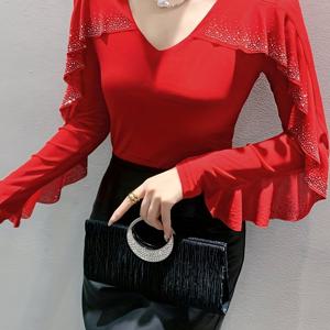 TEMU 가을 신상 롱슬리브 V넥 여성 우아한 탑, 스타일리시 러플 소매, 라인스톤 메쉬, 고탄력 허리 티셔츠, 프롬웨어를 위한 독특한 신상 의류